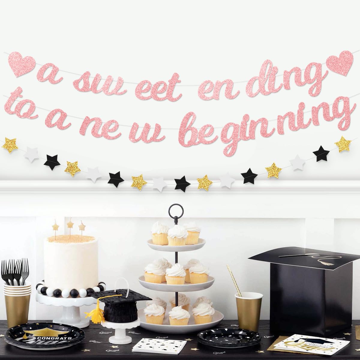 A Sweet Ending To A New Beginning Banner Rose Gold Glitter - Image 2