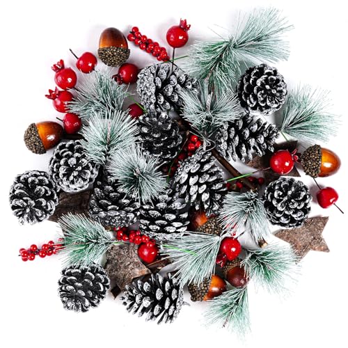cnomg 66pcs Artificial Pine Cones Pine Branch Set Fake Natural Pinecones Acorns Red Berries Christmas Decor Ornaments for Home Winter Decorations