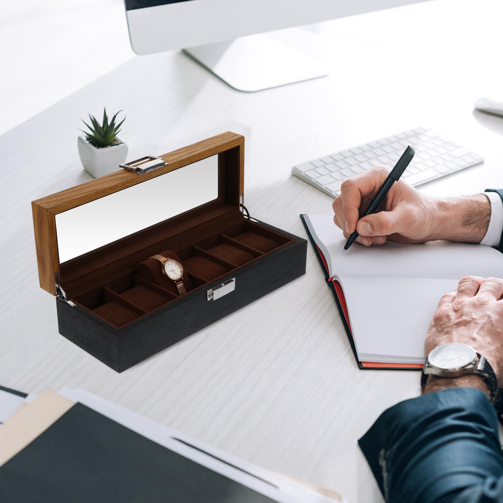 Organizador de Relojes Caja Expositora para Relojes de Madera Retro de 6 Compartimentos, Protege de Arañazos y Daños, Fácil de Limpiar, Obsequio para Cumpleaños y Navidad