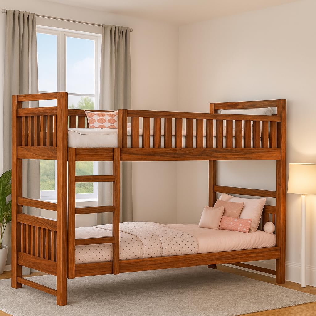 Sheesham Wood Single Size Bunk Bed Without Storage Solid Wood Wooden Cot Palaung for Bedroom Living Room (Honey)-image-44