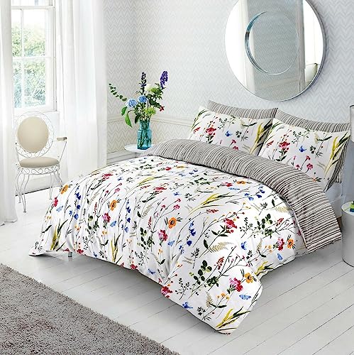 SeventhStitch The Art of Fine Living King Size Duvet Cover Set 3 Piece, 100 Percent Cotton 200 Thread Count Reversible Stripe Silver Grey White Bedding Sets with Pillow Cases (King) (XN123)