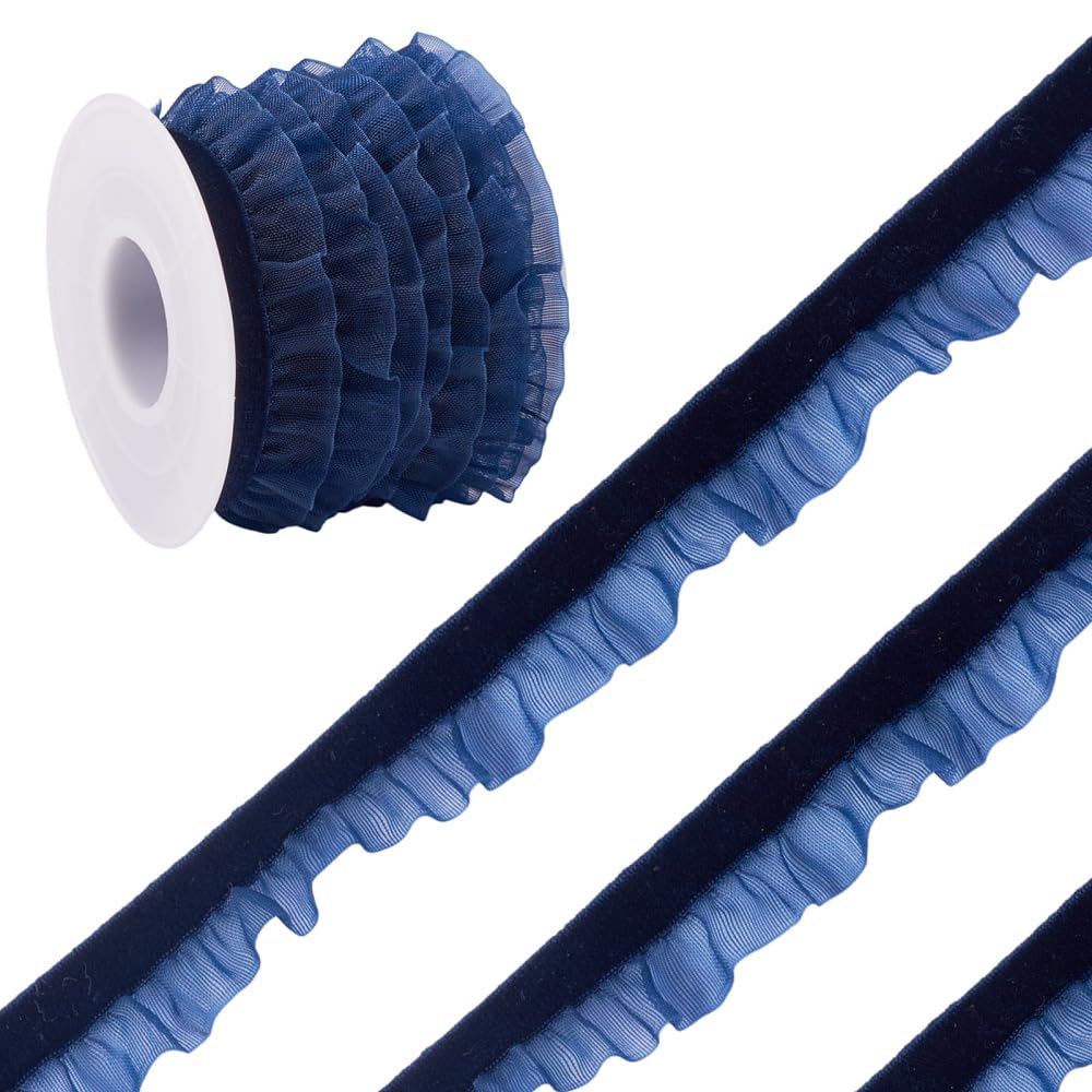 5Yards 15mm Blue Lace Ruffle Trim Velvet Ribbon Organza for Crafting