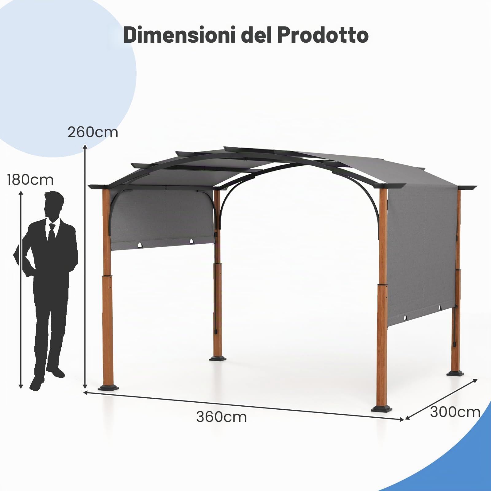 HOMASIS Pergolato Curvo 3,6 x 3m, Gazebo da Giardino con Copertura a Scomparsa, Gazebo Esterno Resistente con Tetto Regolabile in Poliestere, Tettoia per Esterno, Cortile (Grigio)