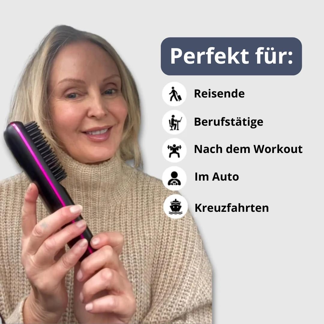 EverHaar Tragbare Glättungsbürste – GoBrush PRO tragbare kabellose Mini Haarglätterbürste für Frauen 2-in-1 Keramik Ionen-Technologie 5 Temperaturstufen LCD USB aufladbar schnelles Aufheizen