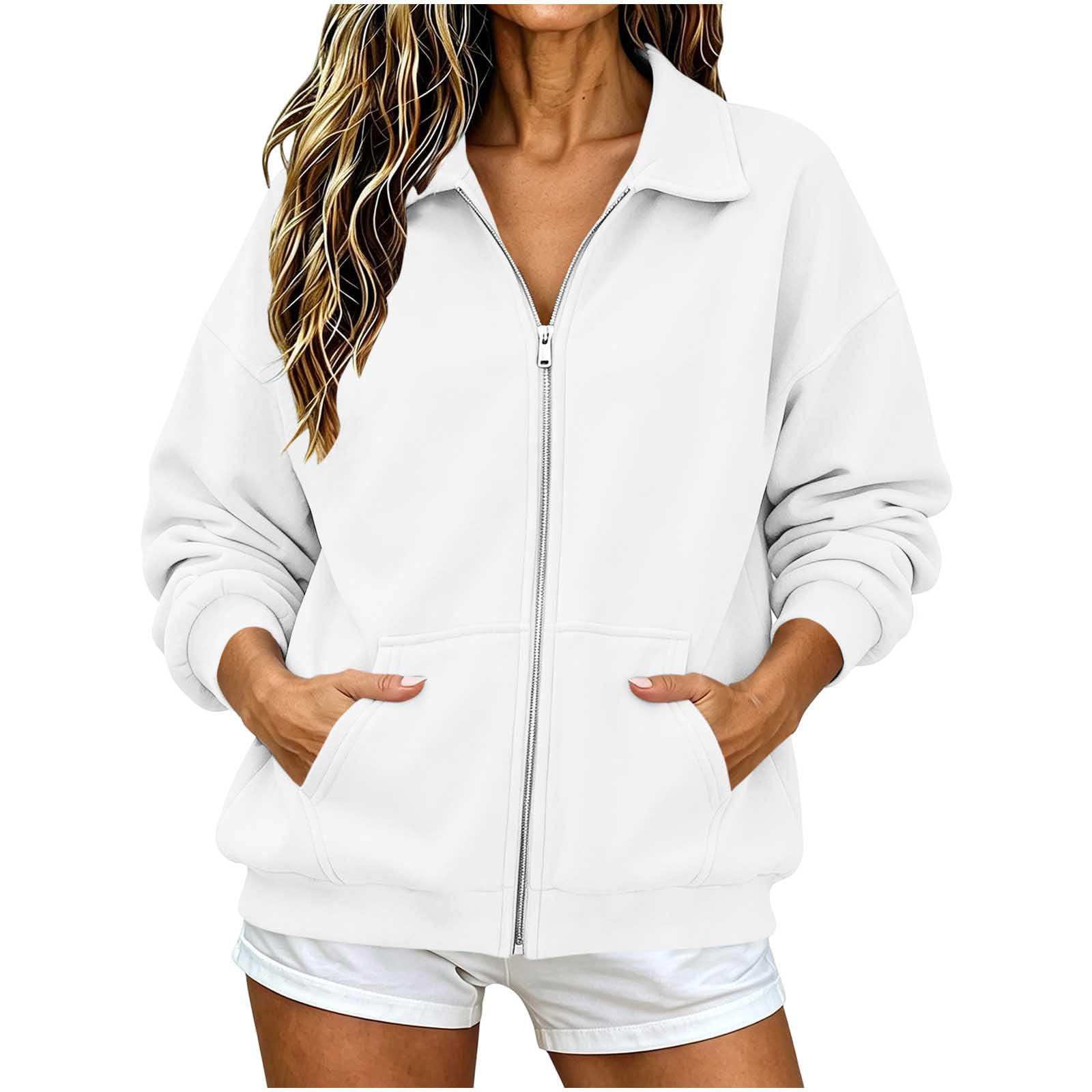 Sweatjacke Damen Ohne Kapuze Sweatshirt Rollkragen Sweatjacke Revers Sweatshirt Herbst Übergangsjacke Dünne Fleecejacke Leichte Fleece Pullover Oversize Outwear Einfarbig Elegant Reißverschluss Jacke