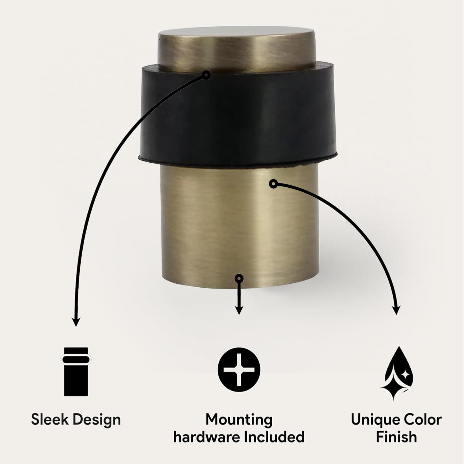 KHTUMEWARE 3801 cylindrical floor door stop dimension diagram, 1-1/2 in (38 mm) overall height, 1.38 in (35 mm) max diameter, Antique Brass.