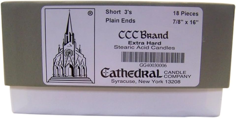 Extra Hard Stearic Acid Short 3's Plain End Church Candles, 7/8 Inch x 16 Inch, Box of 18