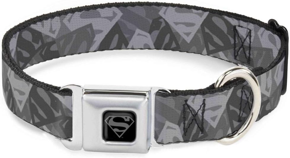 Dog Collar Seatbelt Buckle Superman Shield Camouflage Grays 18 to 32 Inches 1.5 Inch Wide
