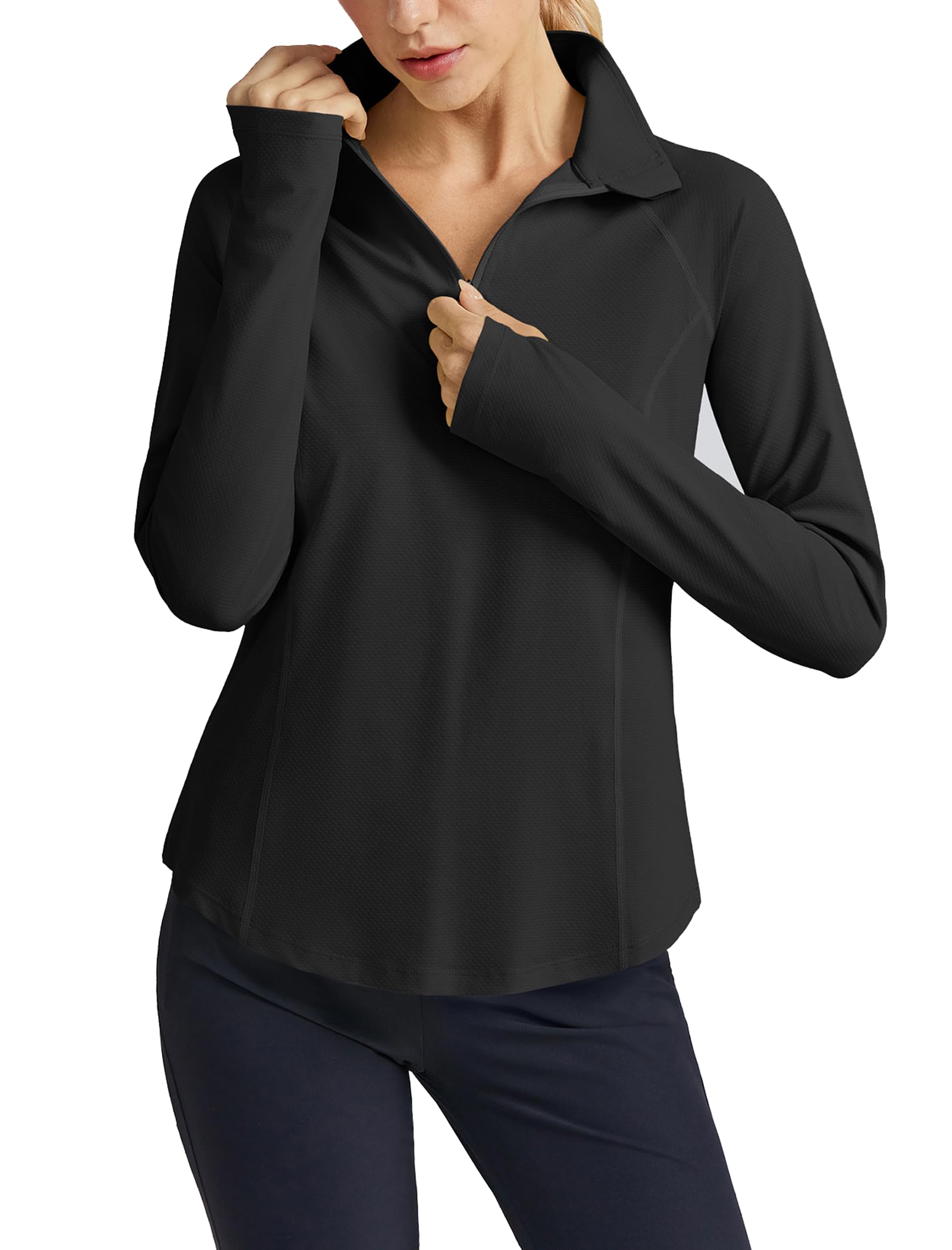 PINSPARK Sportshirt Damen Langarm UV Shirt Laufshirt mit 1/4 Reißverschluss | Sonnenschutz Langarmshirt mit Daumenloch Schnelltrocknend Sport Tshirts Funktionsshirt für Yoga Tennis Golf Wandern