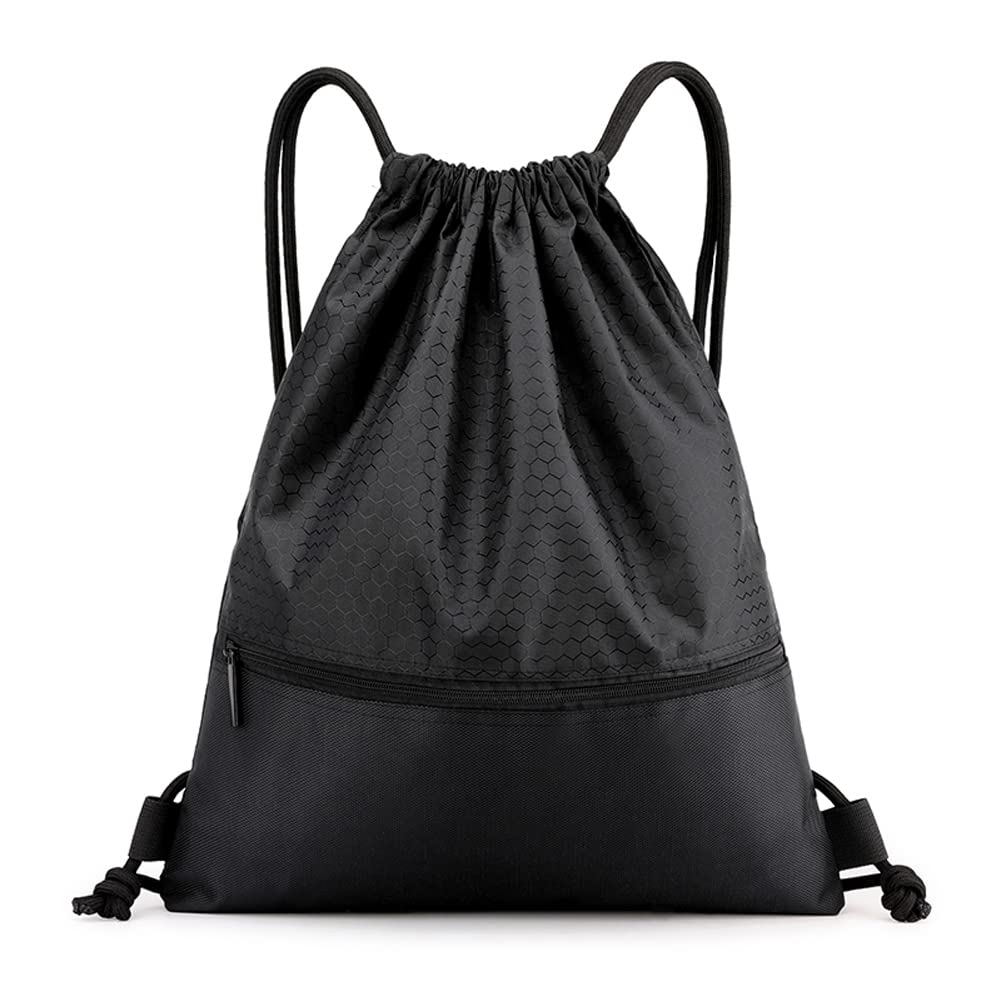 FenFang Mochilas de Cuerdas Negro, Bolso Mochila Deportiva Casual, Bolsas de Cuerdas Gimnasio Mujer Hombre, Saco Playa Talega Deporte Escolares con Cordón Gymsack Bolsillo Niños Niñas