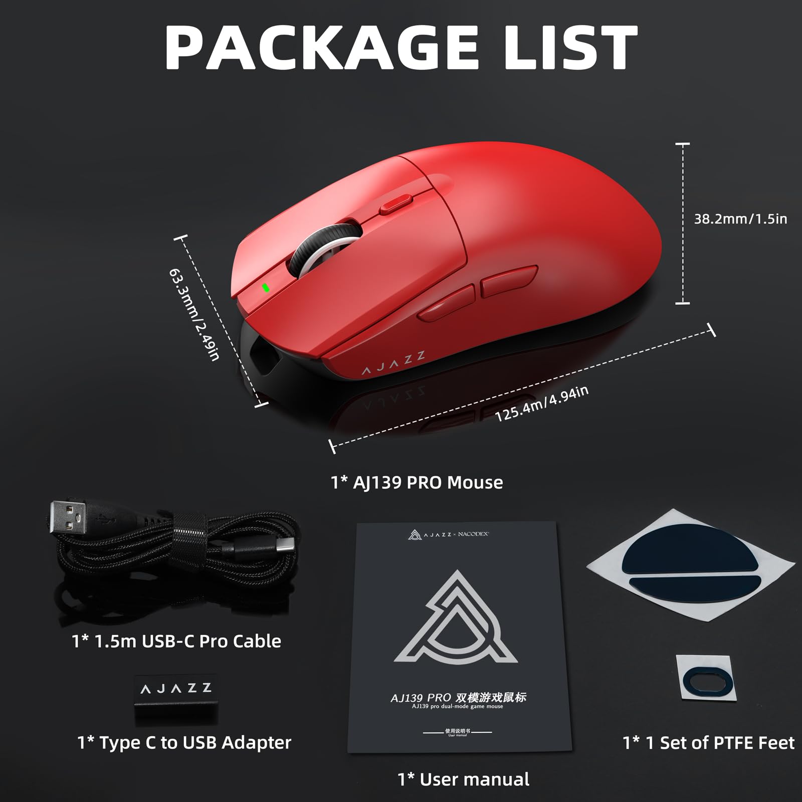 AJAZZ AJ139 PRO X SUPERLIGHT Ratón Inalámbrico para Juegos,Ultraligero(59g),Pixart PAW3395 Sensor óptico,26000DPI,2.4 Ghz/USB C Cable,6 Botones Programables,200Hours Battery Life,para PC/MAC -Rojo