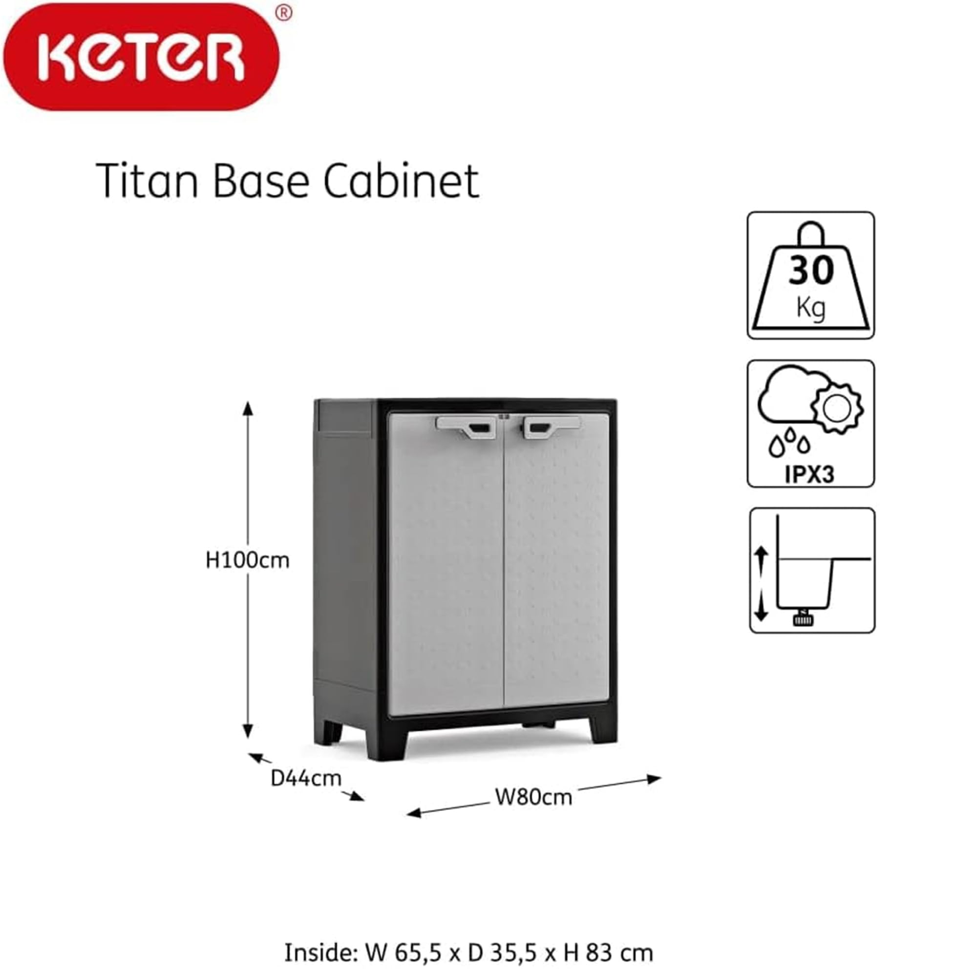 Keter Armadio Basso Titan, da interno ed esterno, 2 Ripiani Regolabili, Grigio, 80x44x100 H Cm