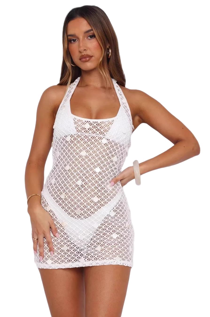 Mesh Swimsuit Coverup Women Bathing Suit Cover Up Crochet Summer Knit Beach Cover Ups Hollow Out Vacation Cover