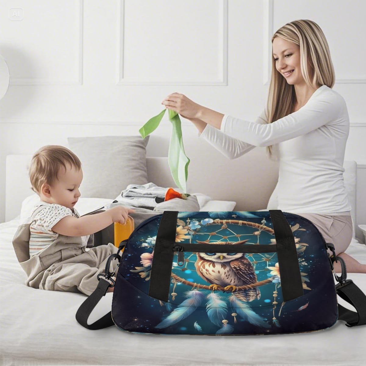 Kids Travel Duffle Bag Weekender Overnight Bag Gym Tote for Boy Girls Carry On Workout Duffel Bag(Dreamcatcher Owl Flowers)