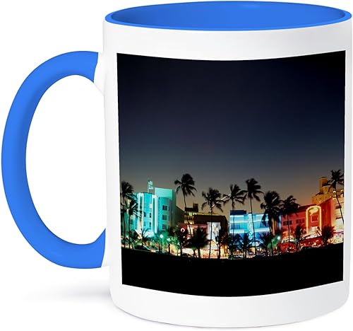 3dRose USA Florida Miami Beach Ocean Drive Art Deco Hotels at Dusk Taza de dos tonos, 11 onzas, azul