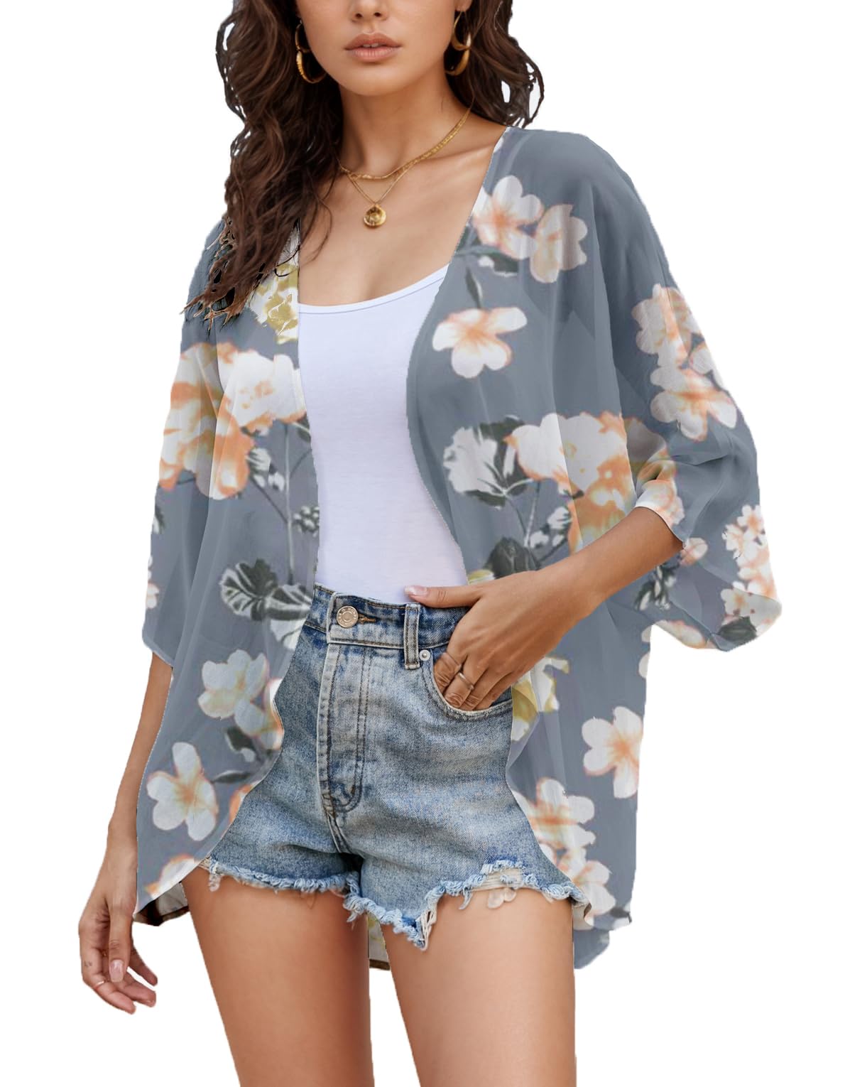 Womens Sheer Chiffon Kimono Jacket Open Front Loose Fit Bohemian Style Cardigan Sweater Shawl Cape Grey XL