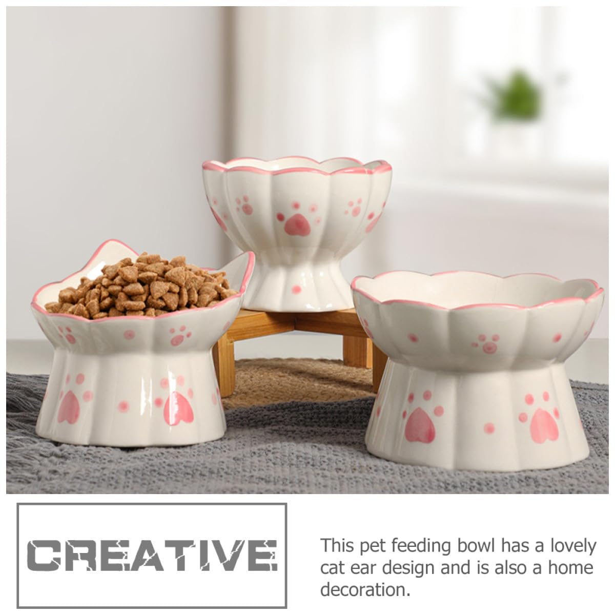 Beaupretty Gamelles Surélevées Antidérapantes pour Chat Lot de 2 en Céramique Design Oreilles de Chat, Cou et Bol Eau et Nourriture