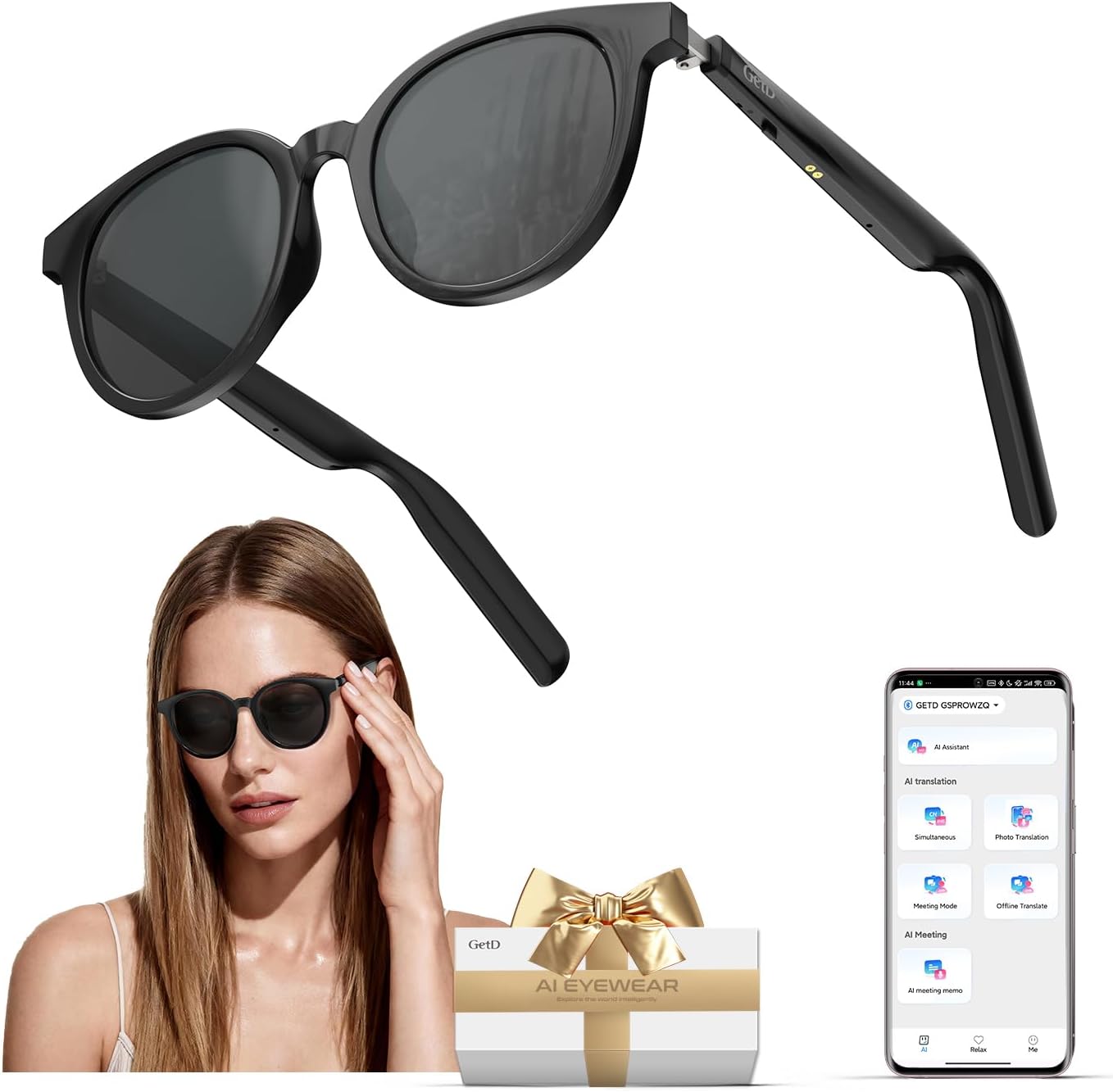 AI Glasses for Men & Women, Smart Sunglasses Powered by ChatGPT with Real-Time 145-Language Translation, Bluetooth 5.4 Glasses,11H Music/9H Call, UV400 & Polarized Lenses for Travel & Daily Use