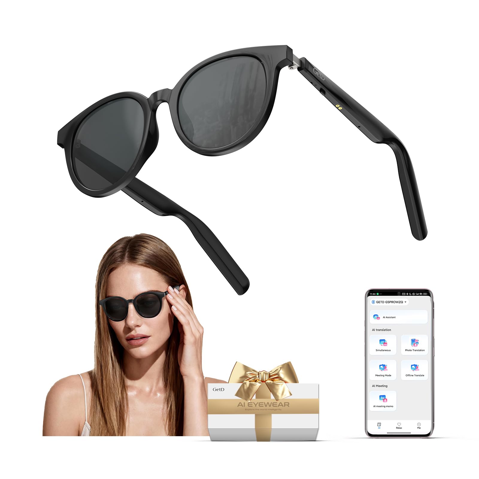 GetD AI Glasses for Men & Women, Smart Sunglasses Powered by ChatGPT with Real-Time 145-Language Translation, Bluetooth 5.4 Glasses,11H Music/9H Call, UV400 & Polarized Lenses for Travel & Daily Use