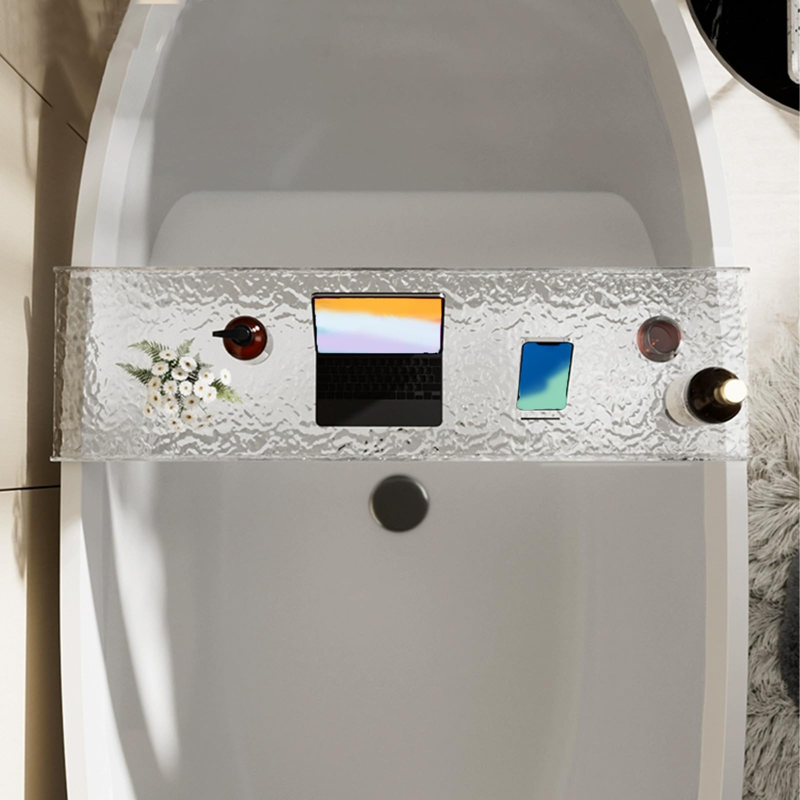 Bandeja de baño transparente con mango dorado, 27.5 pulgadas de largo x 7.9 pulgadas de ancho x 1.2 pulgadas de alto, elegante porción, bandeja decorativa versátil para baño, sala de estar y cocina