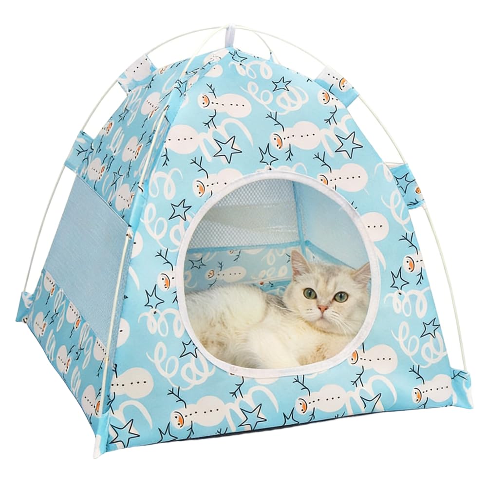 Summer Cat Tent House, Cute Semi Enclosed Pet Bed with Breathable Mesh, Waterproof Outdoor Dog House for Small Dogs Foldable Portable Kennel