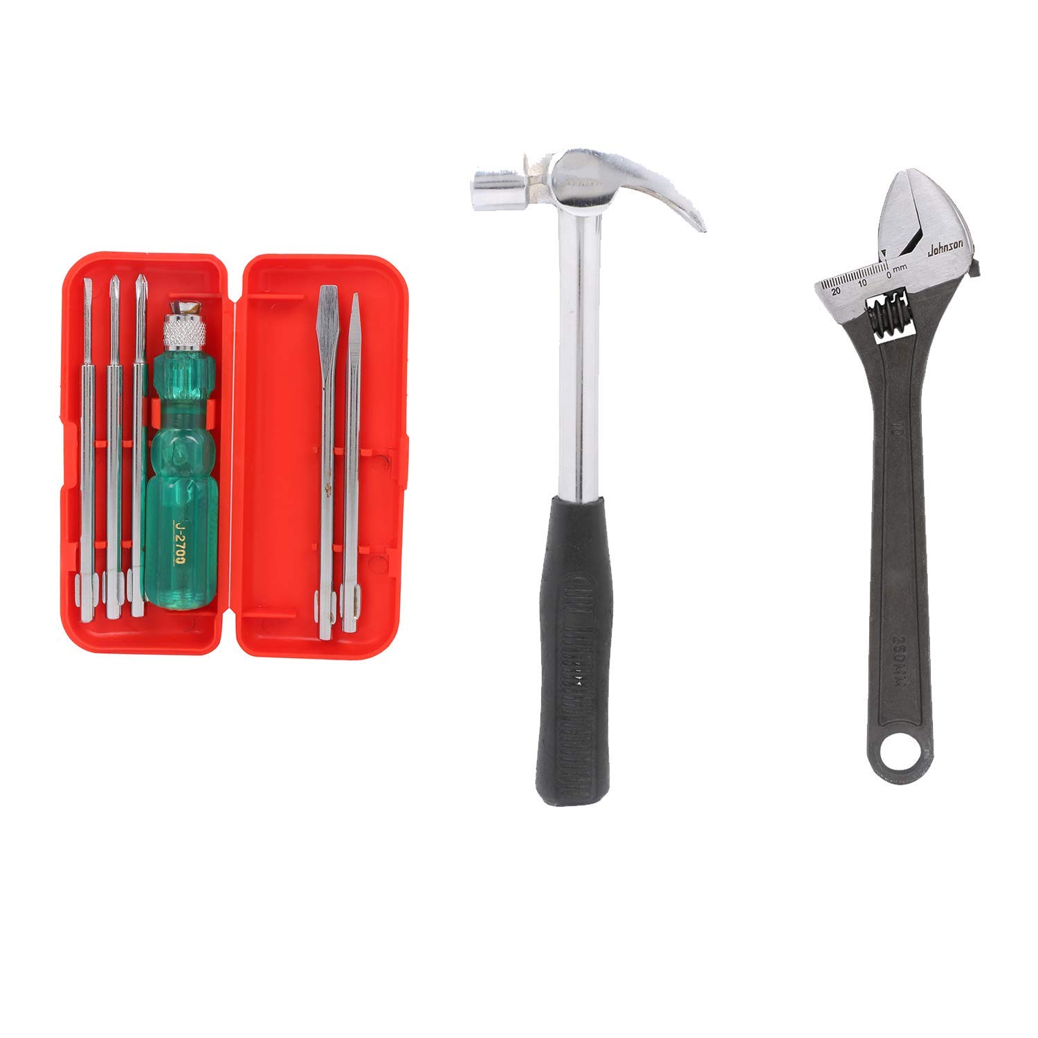 SuzecJohnson Advance Home Kit 5-Pieces Screwdriver (Multicolour) & Adjustable Wrench (200 mm) Claw Hammer Steel Shaft