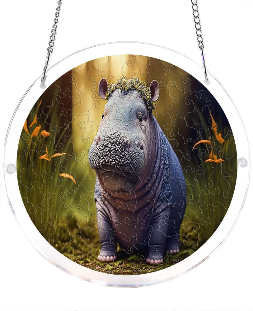 Hippo in Forest with Butterflies and Leaves Acrylic Jigsaw Puzzles Suncatcher, 8.2 Inch Window Hanging Suncatcher Acrylic Puzzle, DIY Home Decor Art Gift