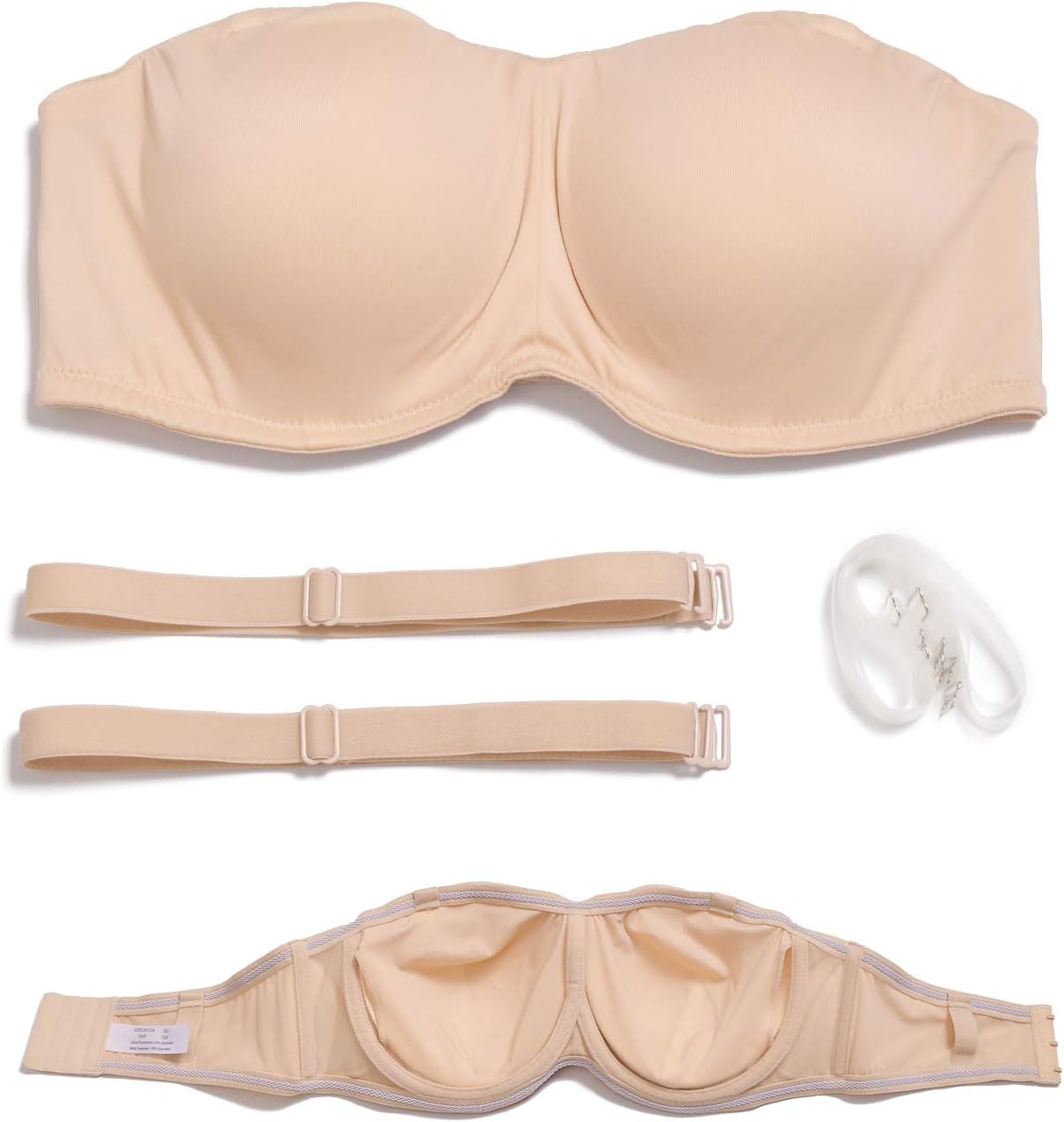 DHX Women's Strapless Bandeau Bra with Clear Straps Multiway Removable Pads Plus Size Bras for Large Bust