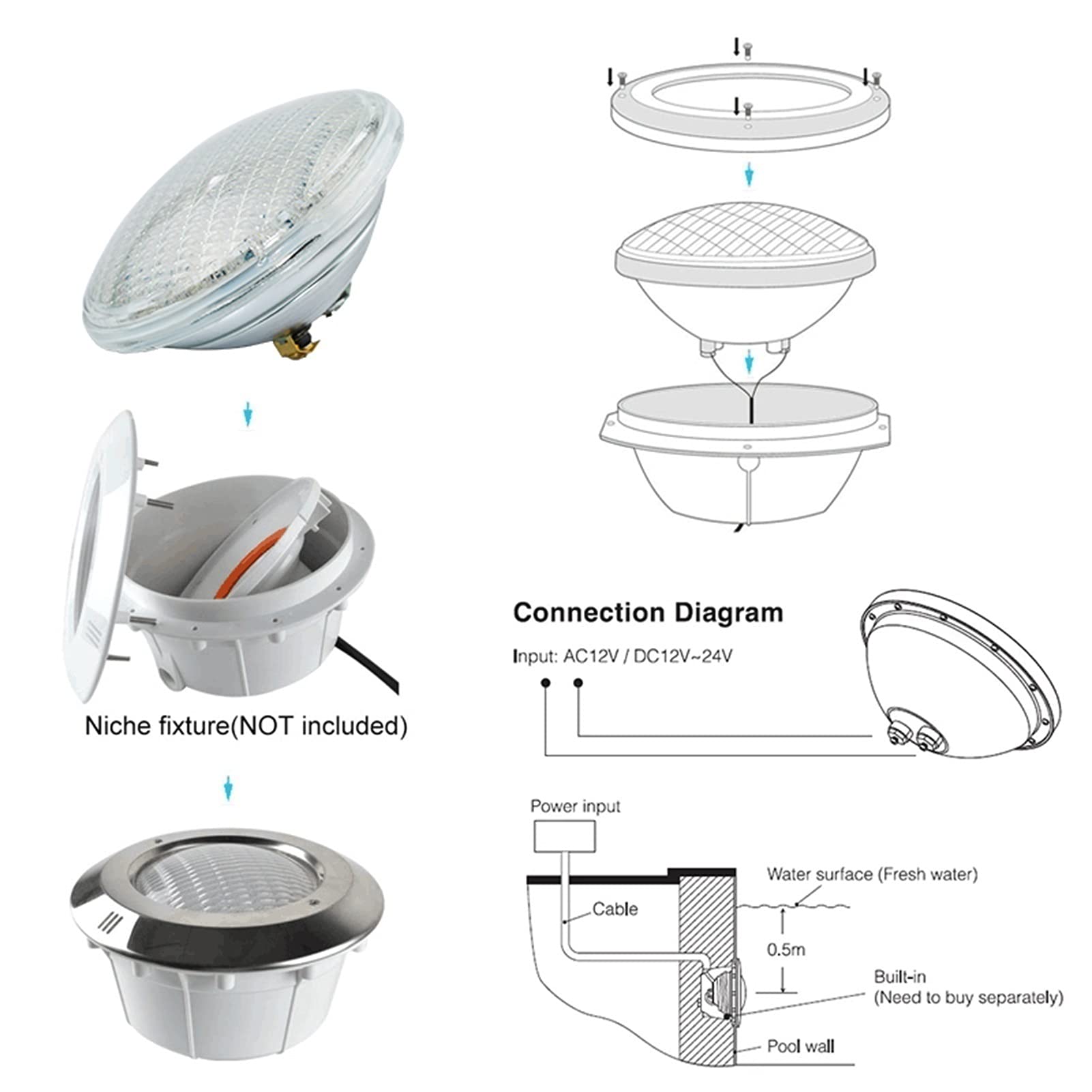 Luci per piscine subacquee LED lampadina par56 AC/DC 12V Materiale di vetro addensato Impermeabile IP68 Luce bianca/luce bianca calda, per illuminazione subacquea, fontane, laghetti(Color:White light,