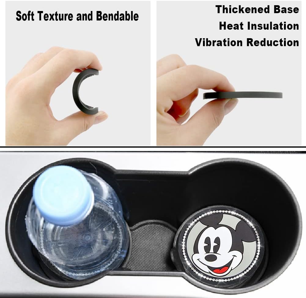 Sonanko 2PCS Bling Car Cup Coasters Cup Holder for Mickey Mouse, Waterproof Car Cup Holder Coaster Insert Black Silicone Coasters Car Cup Pads Mat