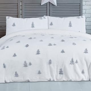 Sleepdown Teddy Fleece Tree Jacquard White Reversible Duvet Cover Quilt Bedding Set with Pillowcase Thermal Warm Cosy Super Soft Easy Care Bed Linen - Single (135cm x 200cm)