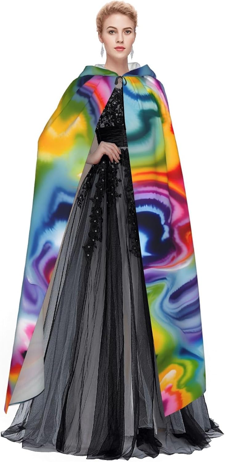 Tie Dye print Halloween Hooded Robe Cloak for Adult Men Women Wizard Vampire Knight Fancy Cape Costume