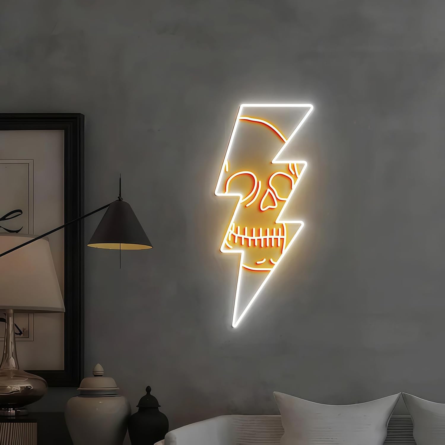 Custom Lightning Skull Neon Sign, Gothic Neon light for Wall Decor Dimmable USB-Powered, Lightning Skull LED Light for Halloween Bedroom Living Room Man Cave Bar Party 9.1″ × 20″