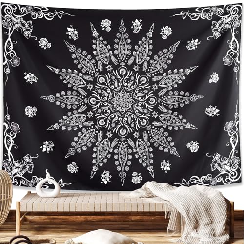 Tapisserie hippie mandala noir, décoration murale esthétique et tenture de chambre bohème