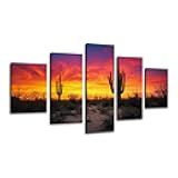 Weone Artwork 5 Panel Canvas Wall Art Massive Saguaros Sonoran Desert Sunset Stretched & Framed Art Prints Modern Painting Wall Decoration Ready to Hang Unique Designed