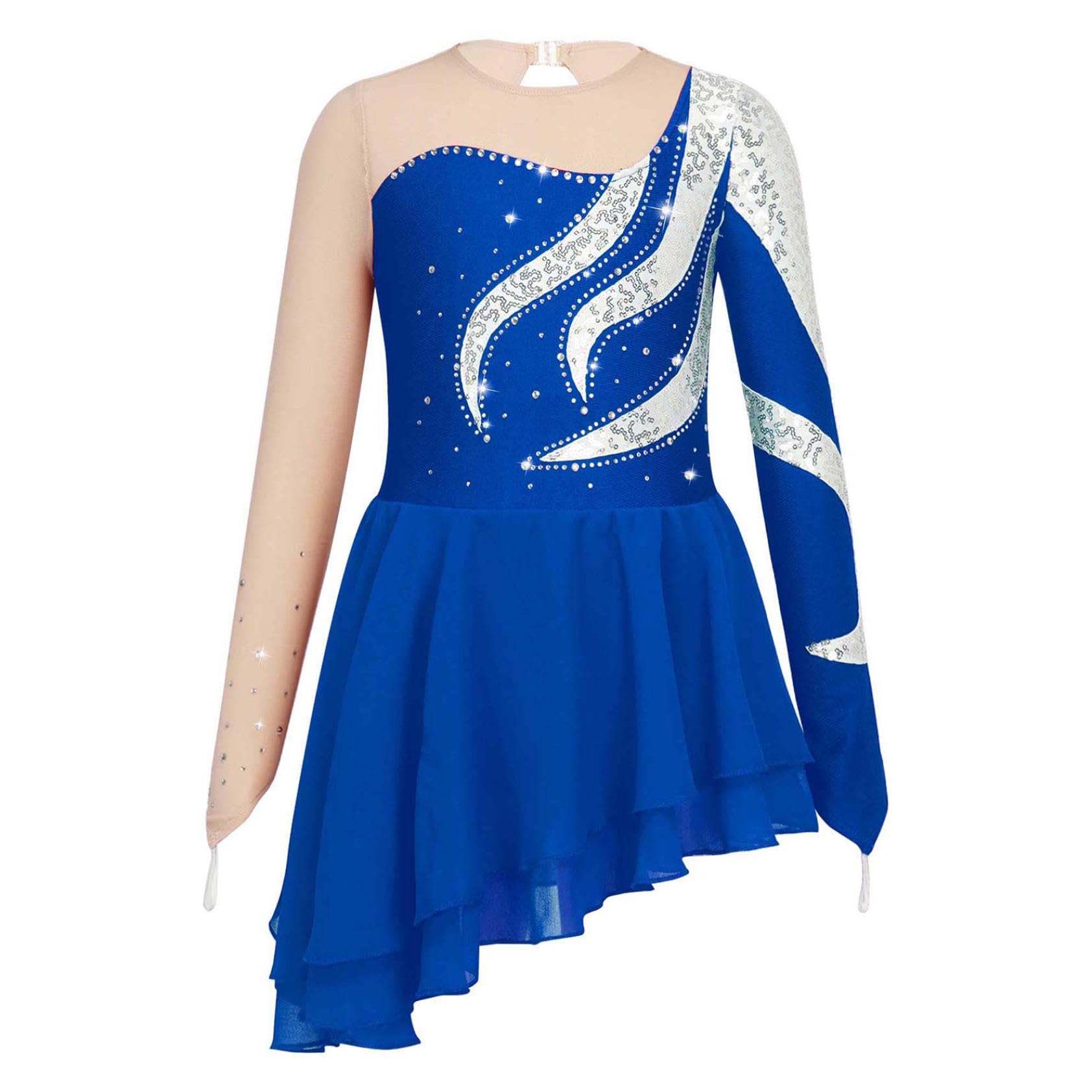 Bambino Ragazza Vestito Pattinaggio di Artistico Asimmetrico Manica Lunga Body Danza Pattinaggio Ginnastica Costume Spettacolo Competizione 5-16 Anni