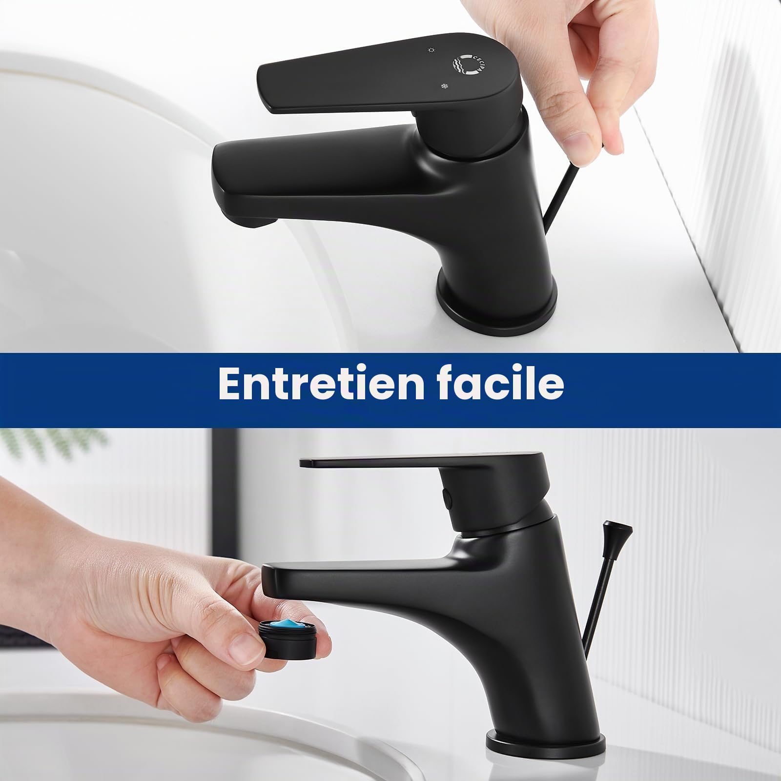 CECIPA Robinet de salle de bain, noir, mitigeur de lavabo avec tige de traction et bonde, mitigeur de salle de bain avec hauteur de bec 57 mm, robinet de lavabo en laiton, robinet de salle de bain