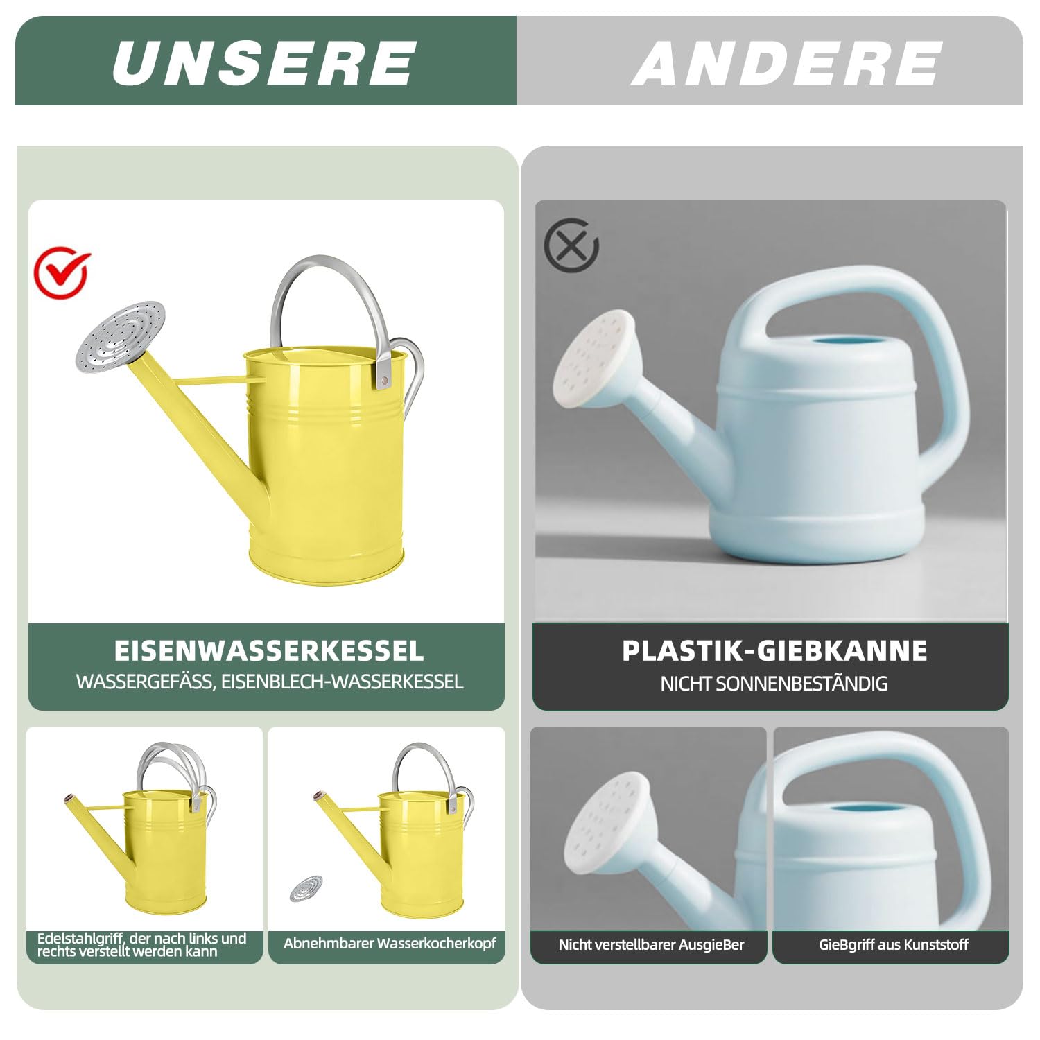 6,5L Metall-Gießkanne für Außen- & Zimmerpflanzen, verzinkte Stahl-Gießkanne mit abnehmbarem Ausguss, beweglichem Tragegriff, rostbeständigem Gießtopf für Garten, Rasen und Blumen