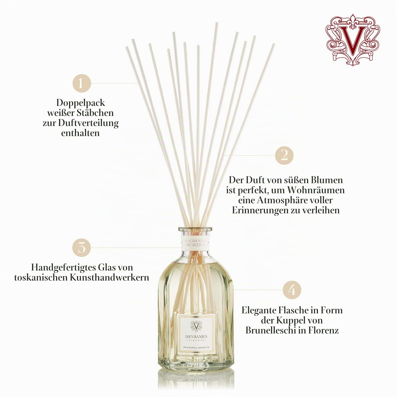 Dr. Vranjes – Magnolia Orchidea 250 ml Diffuser + Doppelpack weiße Sticks (3 Stück) – Luxuriöser Raumduft, Made in Italy, Hauptduft Floral: Magnolie und Orchidee (250 ml)
