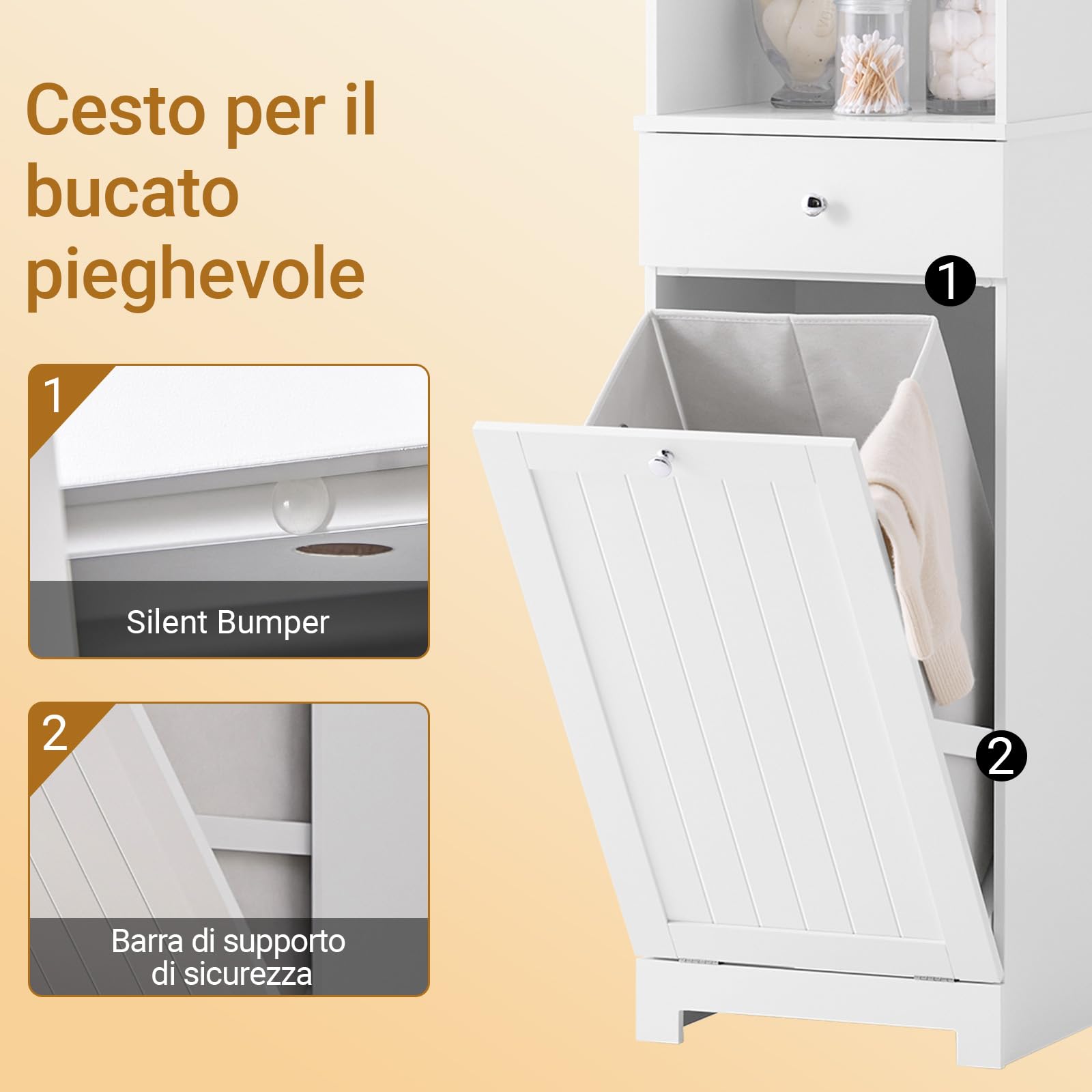 SoBuy Mobile Bagno Salvaspazio con Cesto Portabiancheria 45L 40x38x180cm | Colonna Bagno Stretta con Cassetto Ripiano Aperto e Anta Mobiletto per Lavanderia o WC BZR216-W