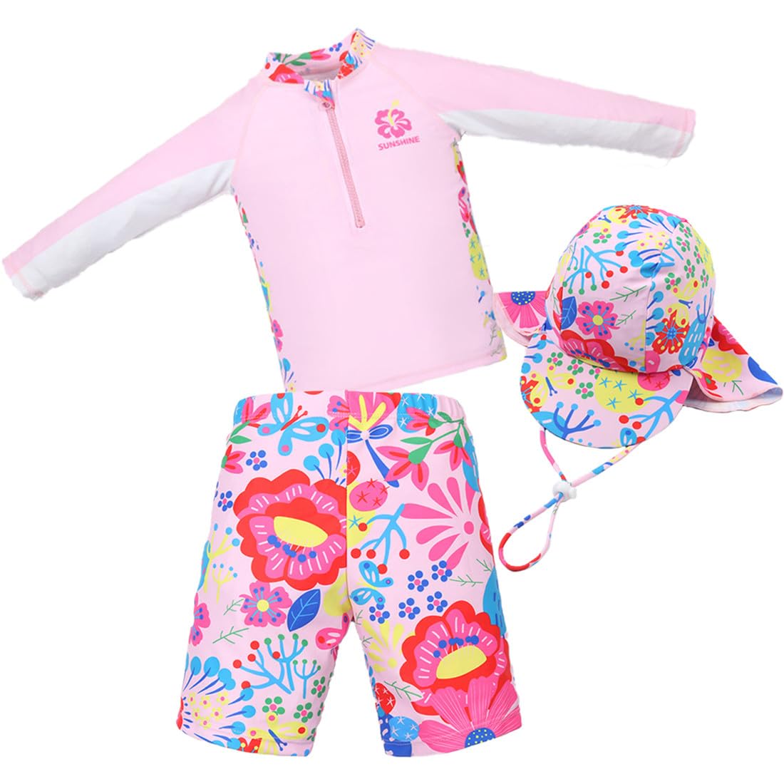 Kids Swimsuit Girls Pink Flower Print Swim Shirts Rash Guard Sets Sun Hat UPF 50+ Bathing Suit Swimwear