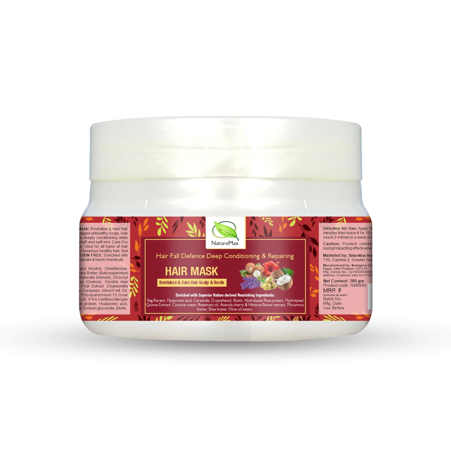 NatureMax Hair Fall Defence Deep Conditioning Intense repairing hair Mask. EFFECTIVELY REDUCE HAIR FALL IN ONLY 7 WASHES Enriched with Superior Nature derived Nourishing Ingredients: Veg Keratin, Hyaluronic acid, Ceramide, D-panthenol, Biotin, Hydrolyzed Rice protein, Hydrolysed Quinoa Extract, Coconut water, Rosemary oil, Acerola cherry & Hibiscus flower extract, Olive oil esters. moisturization all day, Safe for all types of hair. NATURAL & TOXIN FREE-image-15