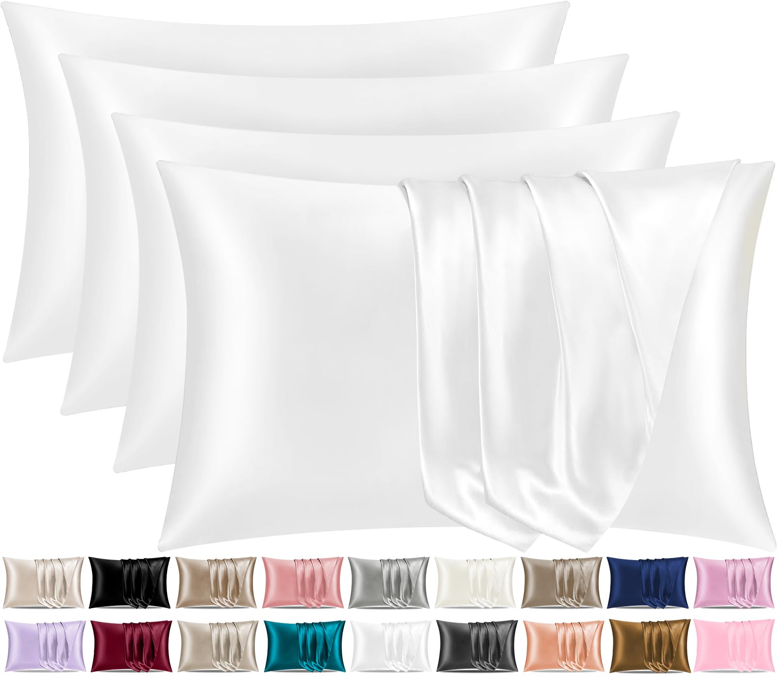 Pamposh White Satin Silk Pillowcases For Hair And Skin 4 Pack Standard Size With Envelope Closure (4 Pcs Pillowcases (50 X 75 Cm), )