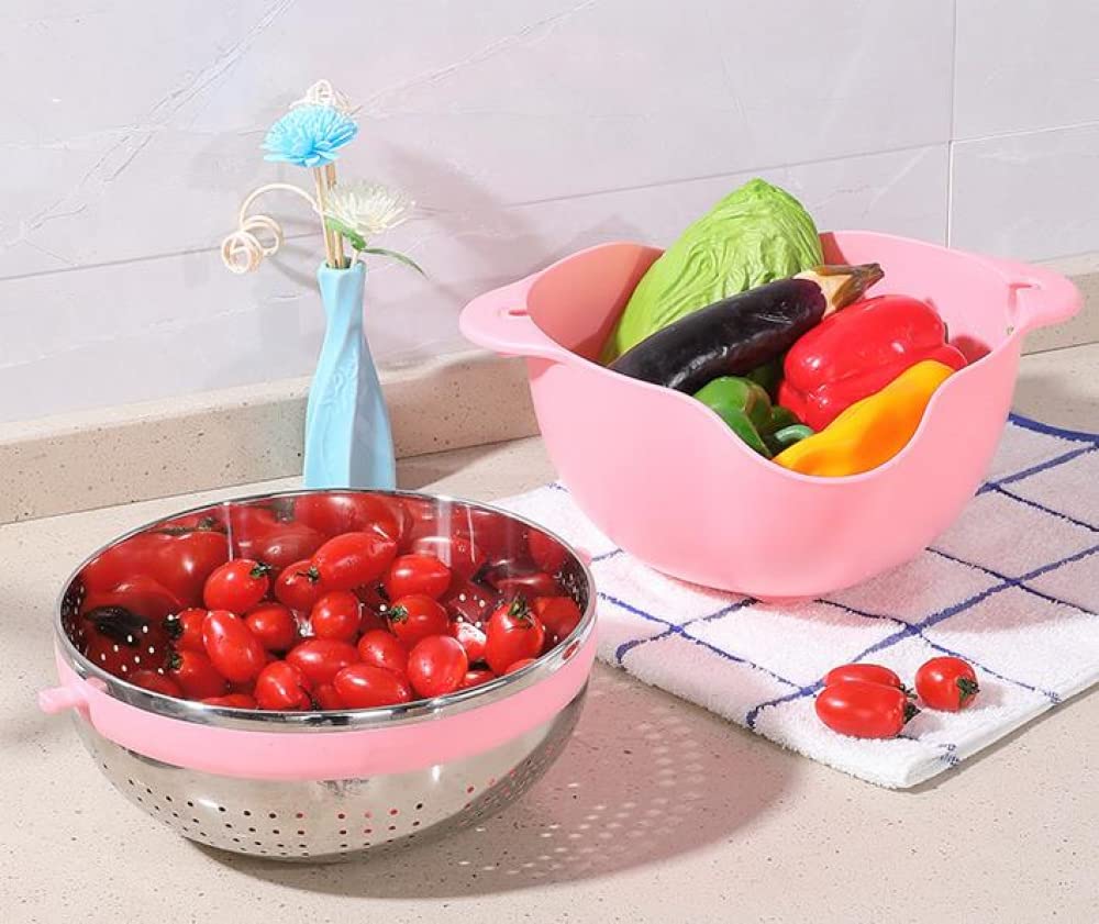 Colador Colador 2 en 1 Cestas de Frutas giratorias para Cocina Coladores microperforados Desmontables Autodrenantes para Pasta Arroz Espagueti Fideos Ensaladas Verduras (Azul)-Pink