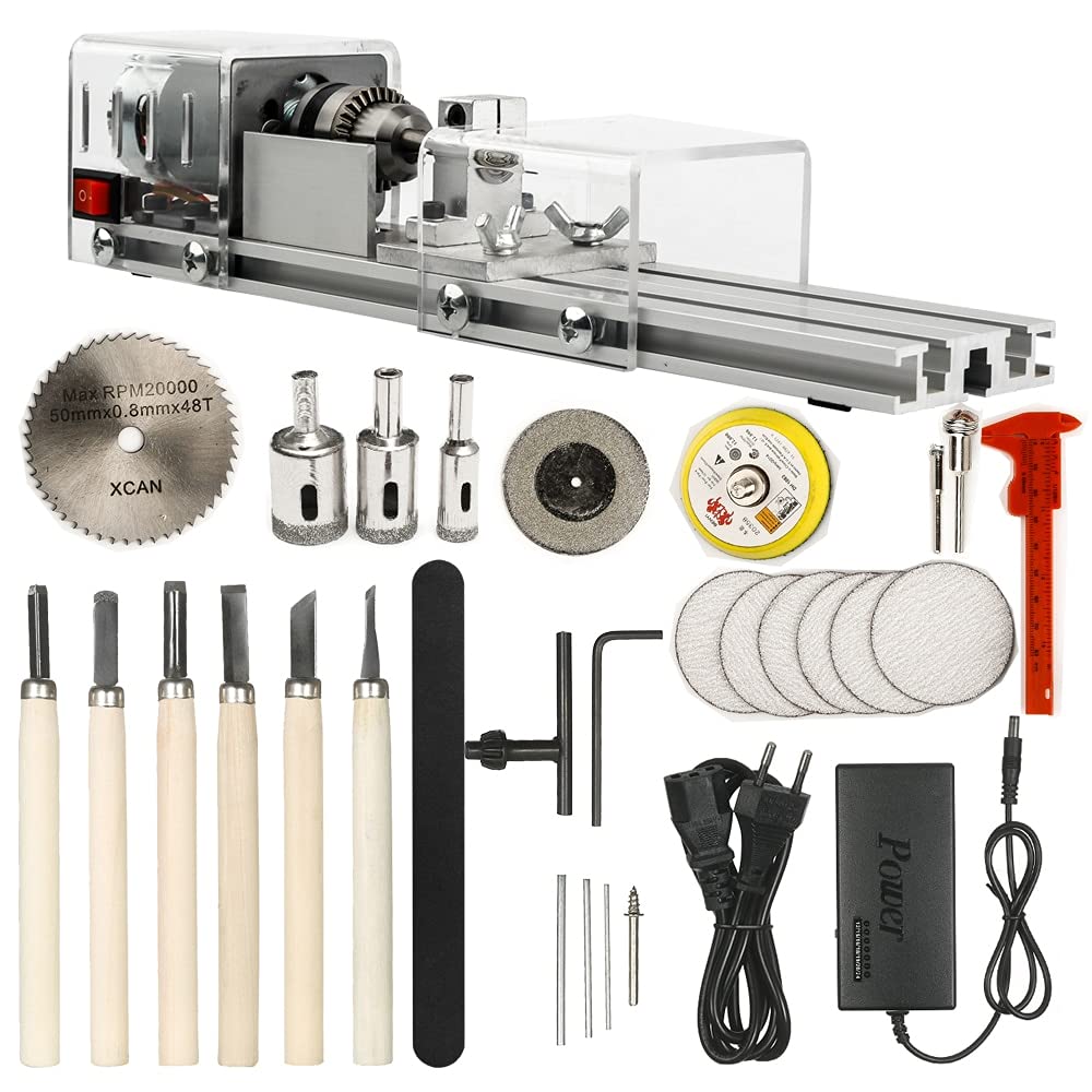 ZTBH Torno para carpintería 20W Mini Máquina de Torno Herramienta, Máquina de Torno Molending Pulishing Beads Drilly Herramienta Set Juego de Herramientas