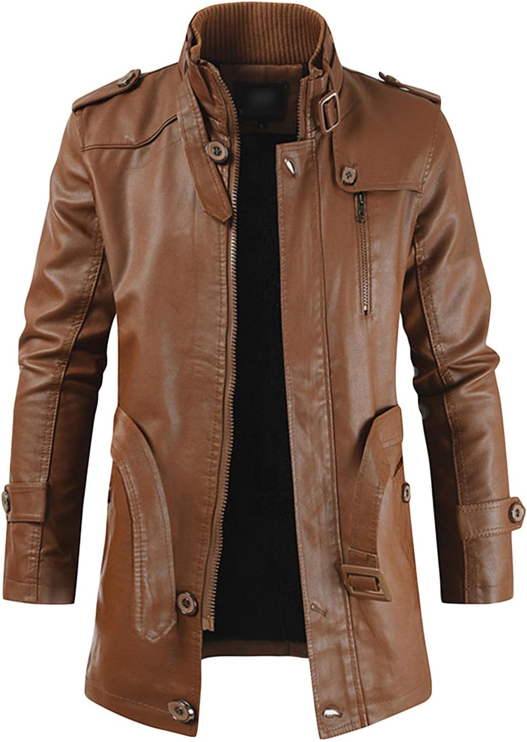 Mens Stand Collar Belt Leather Jacket Mid Length Thicken Winter Biker Coats Vintage Fleece Cargo Bomber Outwear