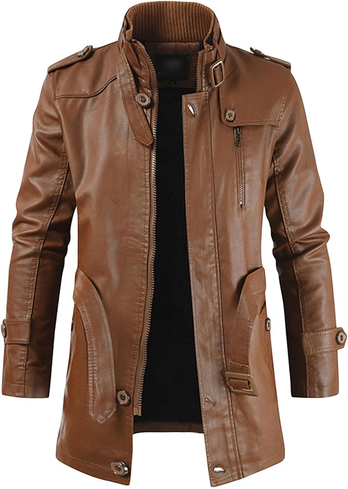 Mens Stand Collar Belt Leather Jacket Mid Length Thicken