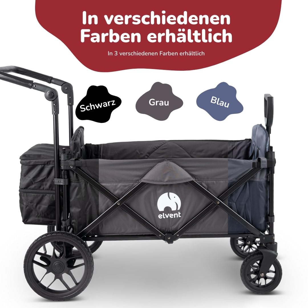 elvent® Allrounder Premium Bollerwagen - faltbar mit Dach | Sitzpolster, Hecktasche, Feststellbremse, Off-Road-Reifen, 5-Punkt-Gurt I 2 Kinder (Grau)