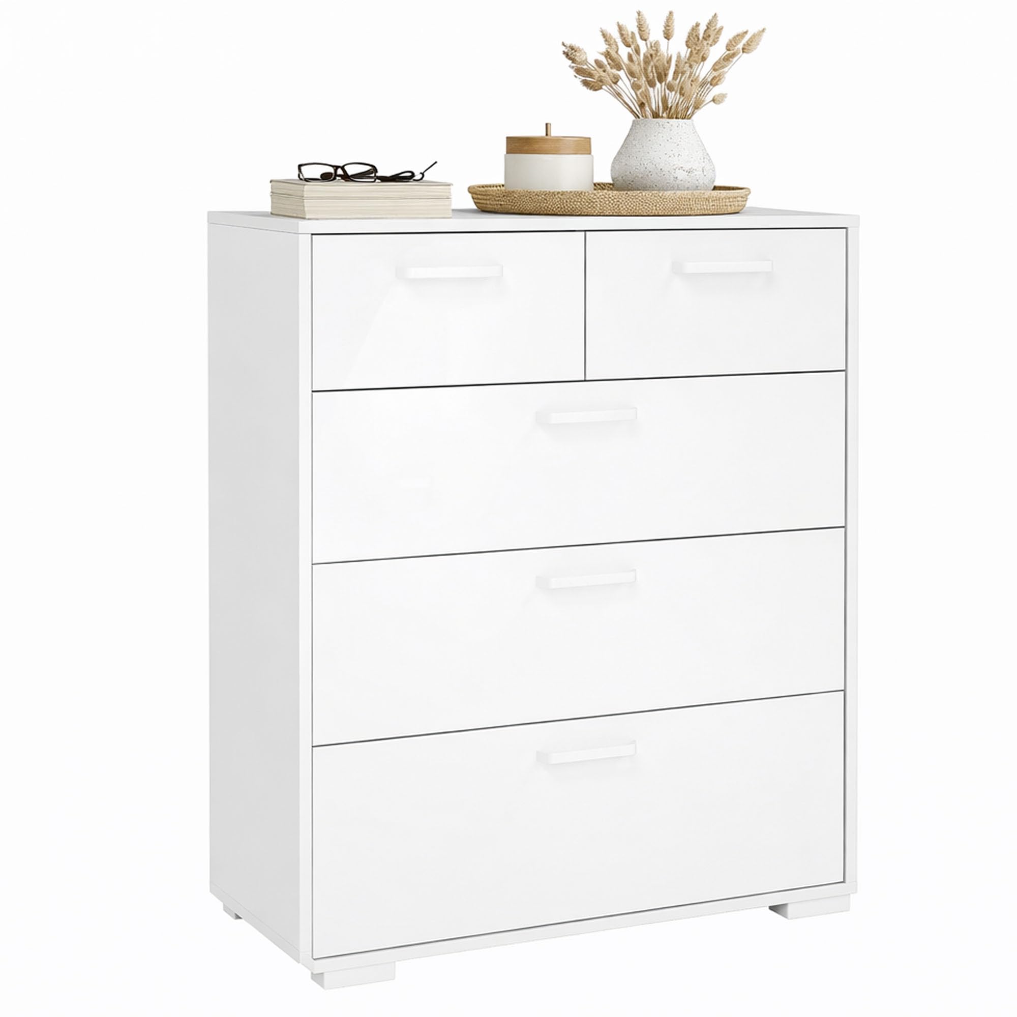 WELL HOME MOBILIARIO & DECORACIÓN Cómoda Eria, Cajonera Moderna con 5 Cajones, Color Blanco Alto Brillo, 71 x 40 x 102 cm