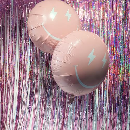 Image of Pink Lighting Smile Face Balloons /Pink Leopard Lighting Bolt,Checkered Balloons For Happy Dude Birthday /Preppy Y2K Party Decoration,Little Miss Threenager Girl Party,Bad Two The Bone Girl Decor
